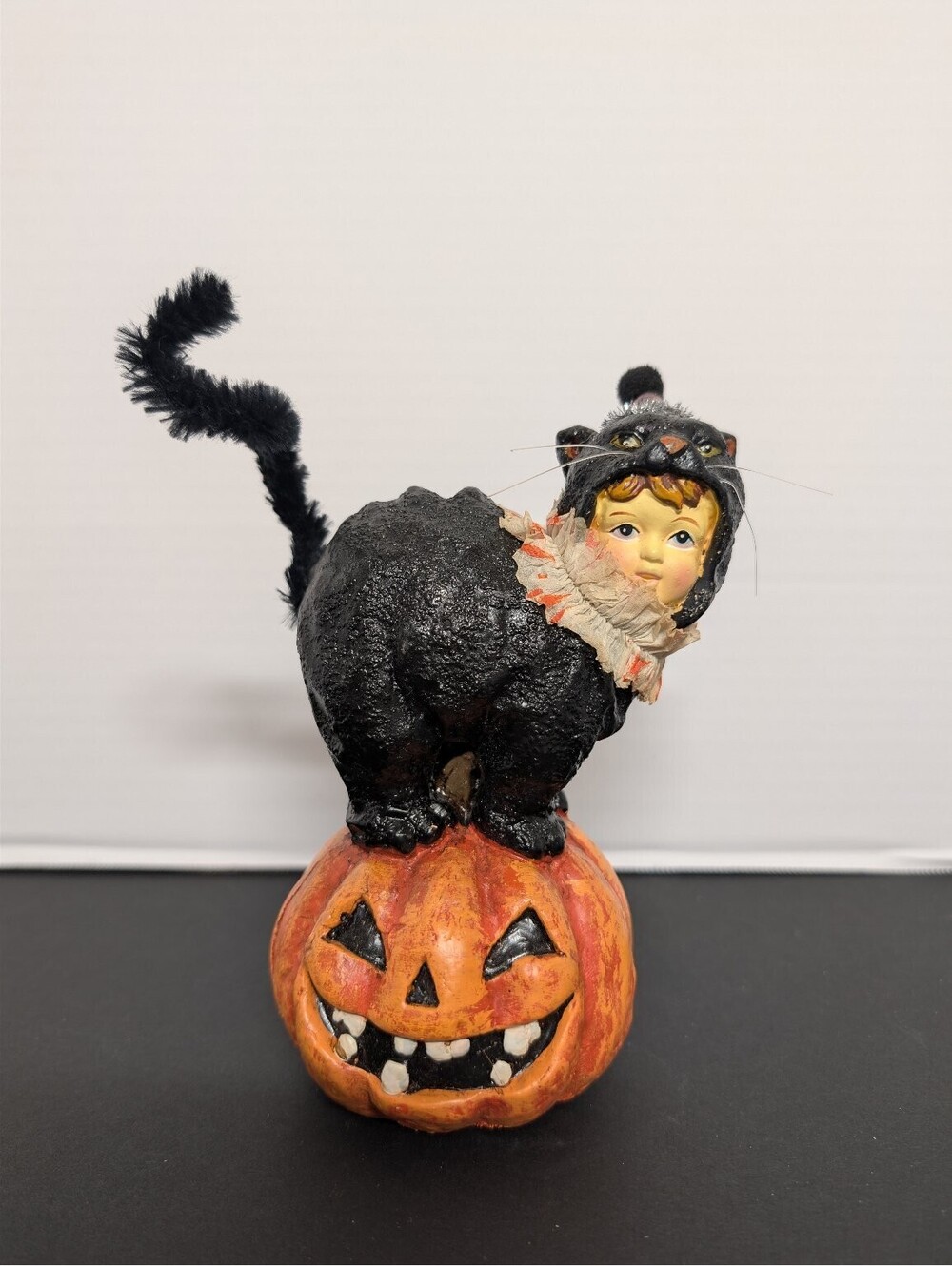 Halloween Child in Black Cat Costume Pumpkin Figurine Vintage Style Decor